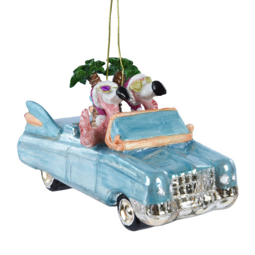 Blown Glass Flamingos Driving Car Ornament