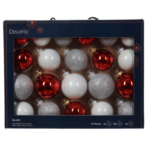 21 Piece Red, White, Silver Glass Ball Ornament Set