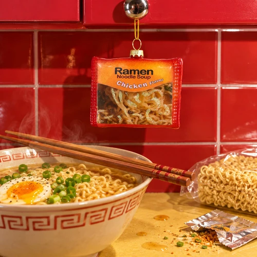 Cody Foster Ramen Noodle Soup Ornament – glass Christmas ornament styled in a fun, eclectic home scene