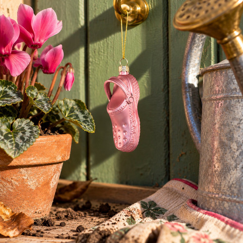 Cody Foster Glass Pink Croc Ornament – glass Christmas ornament styled in a fun, eclectic home scene