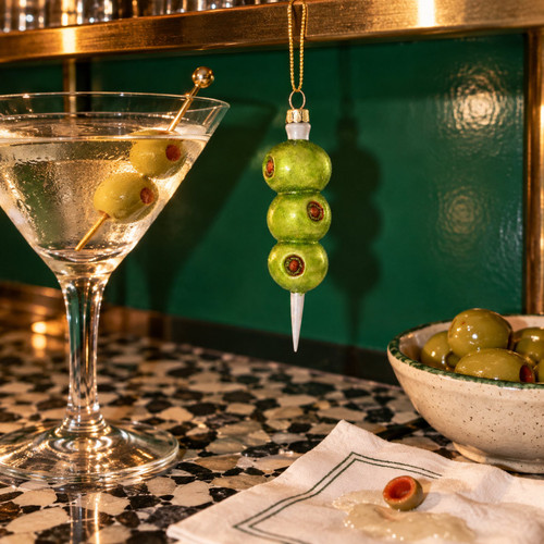 Cody Foster Glass Cocktail Olives Ornament – glass Christmas ornament styled in a fun, eclectic home scene