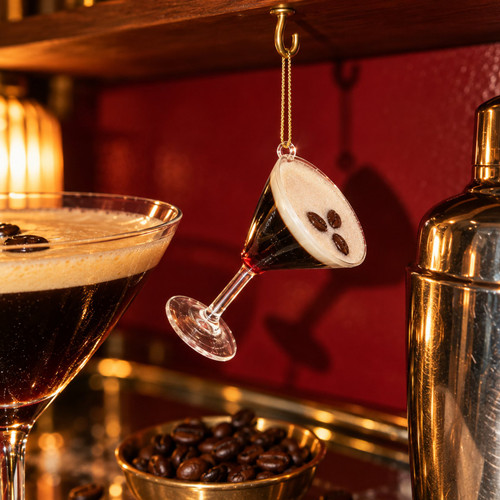 Cody Foster Glass Espresso Martini Ornament – glass Christmas ornament styled in a fun, eclectic home scene