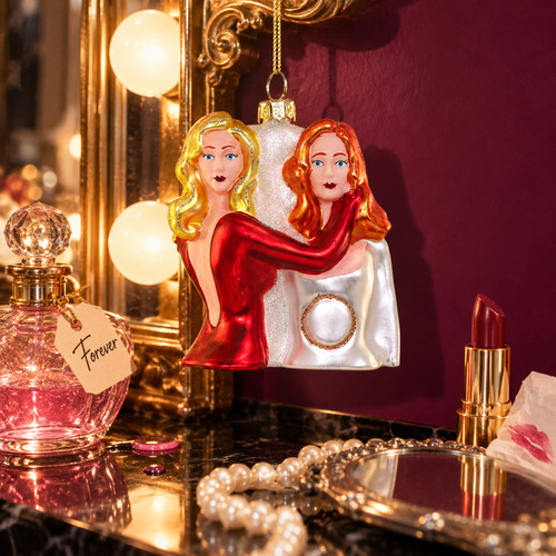 Cody Foster Glass Death Becomes Her Ornament – glass Christmas ornament styled in a fun, eclectic home scene