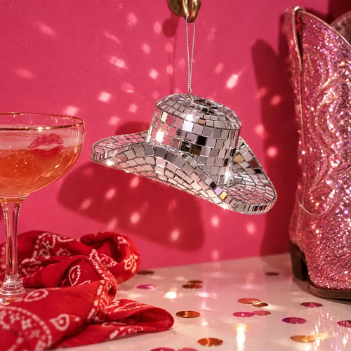 Cody Foster Disco Cowboy Hat Ornament – glass Christmas ornament styled in a fun, eclectic home scene