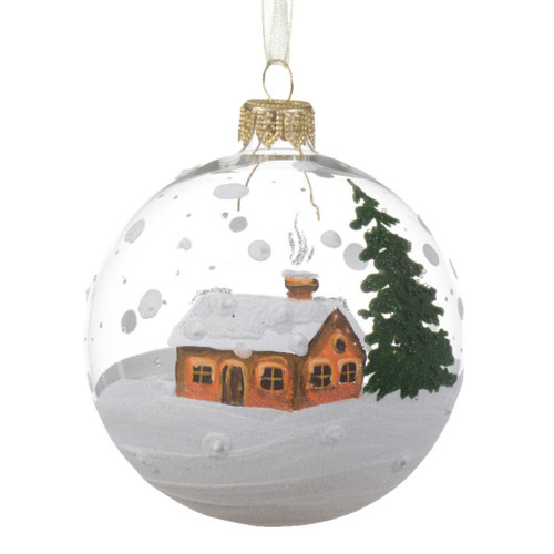 Hand Painted Winter Cabin Glass Ornament