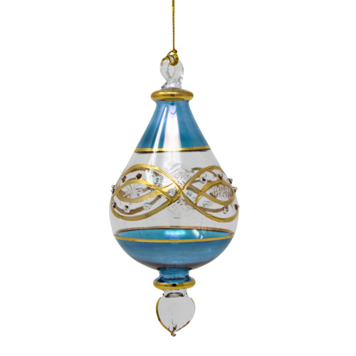 Handmade Egyptian Museum blue glass pear drop ornament with hand-etched patterns and genuine 24 kt gold accents.
Mouth-blown glass pear-shaped Christmas ornament measuring 5.5 inches tall by 2 inches wide with artisan detailing.
Elegant handcrafted blue glass pear drop ornament featuring etched decorative designs, clear glass accents, and gold trim.​​​​​​​