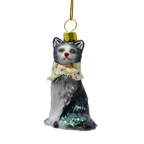 Cody Foster Kitten With Flower Ribbon Blown Glass Ornament