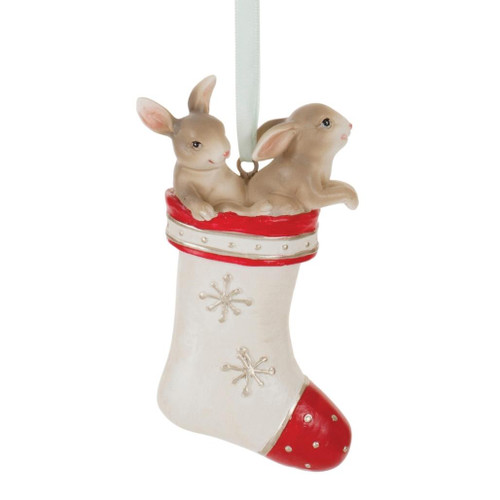 Bunnies In Stocking Hanging Ornament