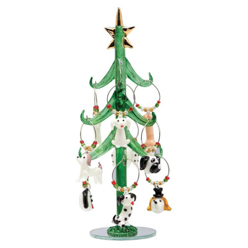 8 Inch Green Glass Tree With Dog Wine Charm Ornaments