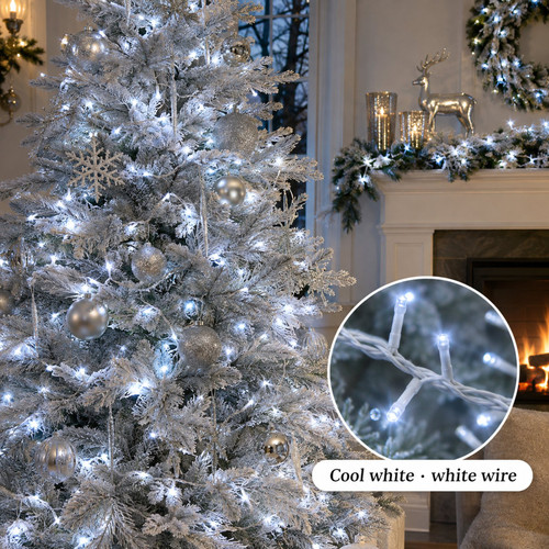 Lumineo Cool White LED Lights, White String, 74ft, 1000 Bulbs, 8 Modes - warm LED lights on a decorated Christmas tree with a close-up of the bulbs