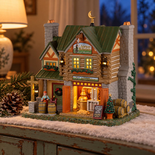 Lemax Spruce Mountain Distillery And Moonshine – collectible Christmas village piece displayed in a cosy home