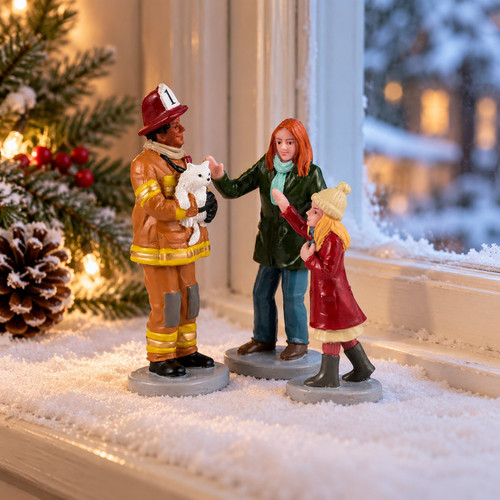 Lemax Fireman To The Rescue Set Of 3 – collectible Christmas village piece displayed in a cosy home
