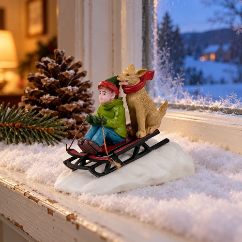 Lemax Doggone Downhill Sledding – collectible Christmas village piece displayed in a cosy home
