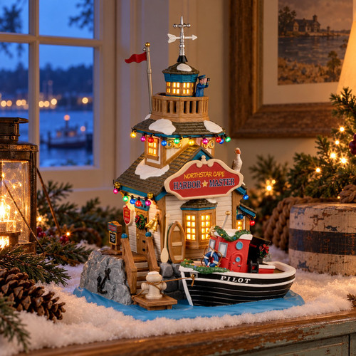 Lemax Northstar Cape Harbor Master House – collectible Christmas village piece displayed in a cosy home
