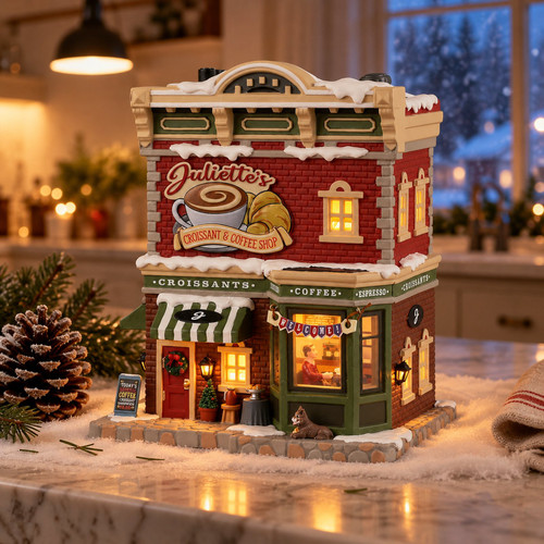 Lemax Juliettes Croissant And Coffee Shop – collectible Christmas village piece displayed in a cosy home