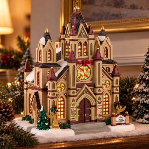 Lemax Grace Cathedral – collectible Christmas village piece displayed in a cosy home