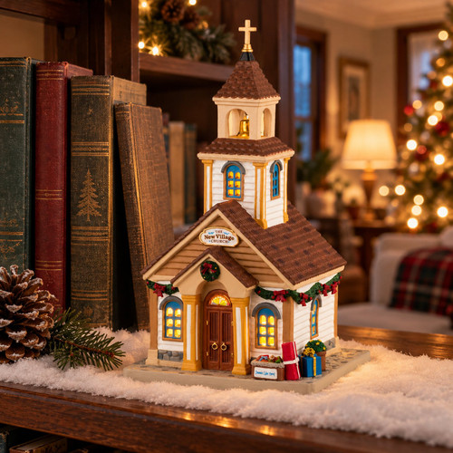 Lemax The New Village Church – collectible Christmas village piece displayed in a cosy home
