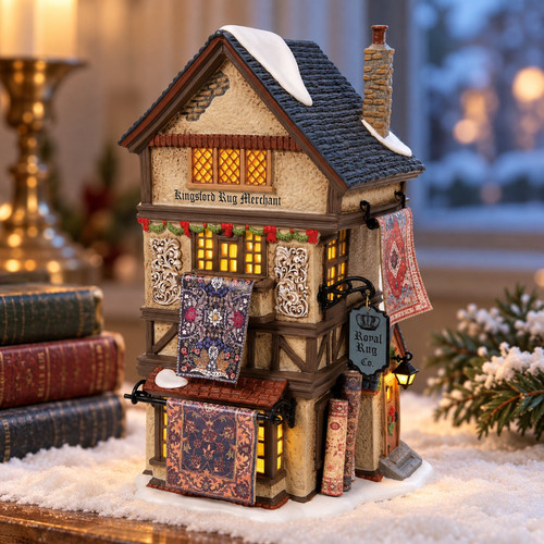 Department 56 Dickens Village - Kingsford Rug Merchant – collectible Christmas village piece displayed in a cosy home