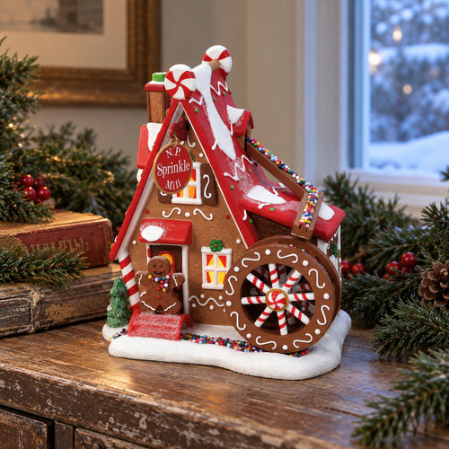 Department 56 North Pole Village - North Pole Sprinkle Mill – collectible Christmas village piece displayed in a cosy home