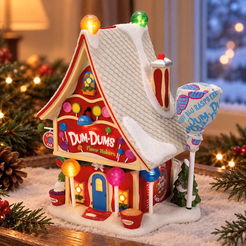 Department 56 North Pole Village - Dum-Dums Flavor Makers – collectible Christmas village piece displayed in a cosy home