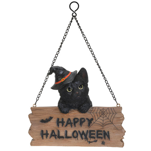 Black Kitten Happy Halloween Hanging Sign