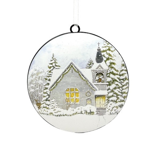 Winter Church Round Metal Ornament