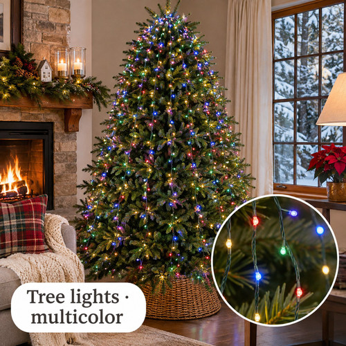 Lumineo 672-LED Multicolor Tree Lights, 7ft, Indoor/Outdoor, UL Certified - warm LED lights on a decorated Christmas tree with a close-up of the bulbs