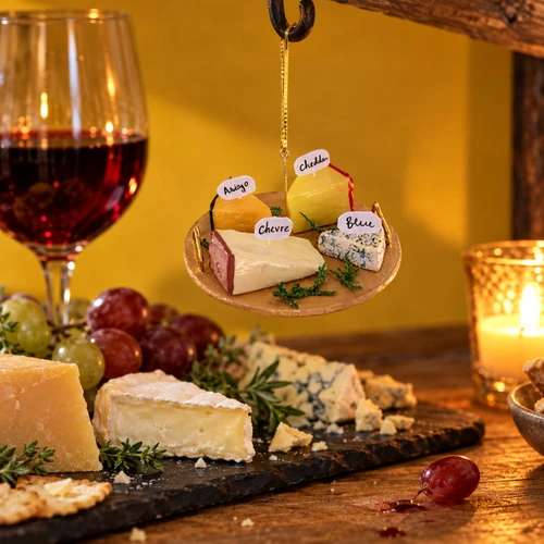 Cody Foster Assorted Cheese Tray Christmas Ornament – glass Christmas ornament styled in a fun, eclectic home scene