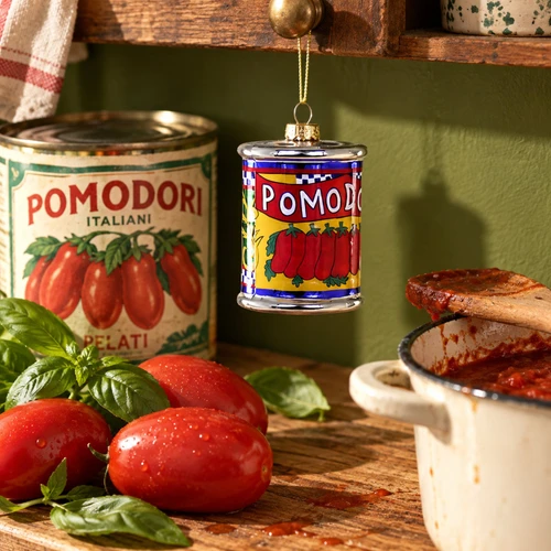 Cody Foster Authentic Italian Canned Tomatoes Ornament – glass Christmas ornament styled in a fun, eclectic home scene