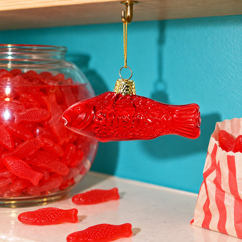 Cody Foster Red Gummi Fish Christmas Ornament – glass Christmas ornament styled in a fun, eclectic home scene
