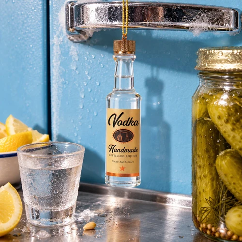 Cody Foster Handmade Vodka Bottle Ornament – glass Christmas ornament styled in a fun, eclectic home scene