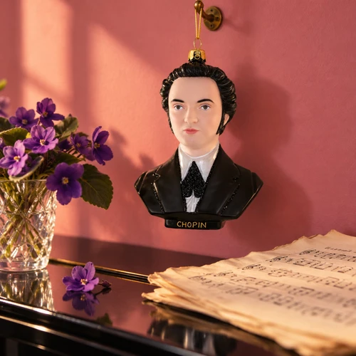 Cody Foster Chopin Composer Bust Ornament – glass Christmas ornament styled in a fun, eclectic home scene