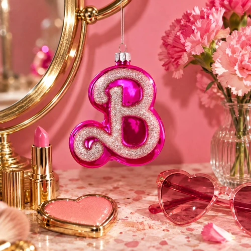 Cody Foster Glittery Pink Letter B Ornament – glass Christmas ornament styled in a fun, eclectic home scene