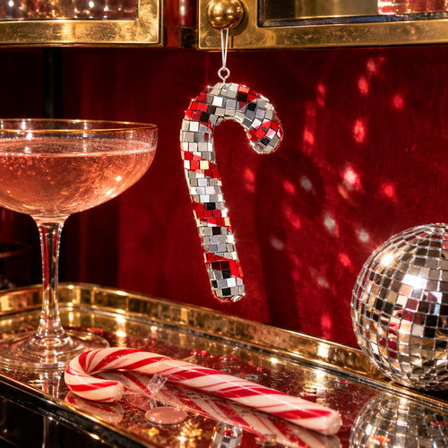 Cody Foster Disco Candy Cane Ornament – glass Christmas ornament styled in a fun, eclectic home scene