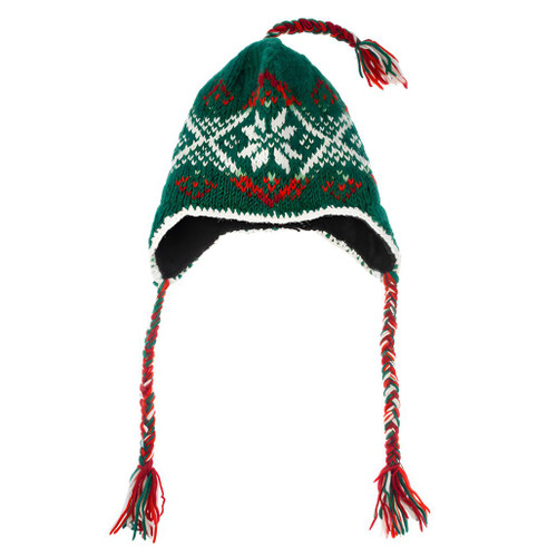 Cozy Knit Green Hat with Snowflake Design and Ear Flaps