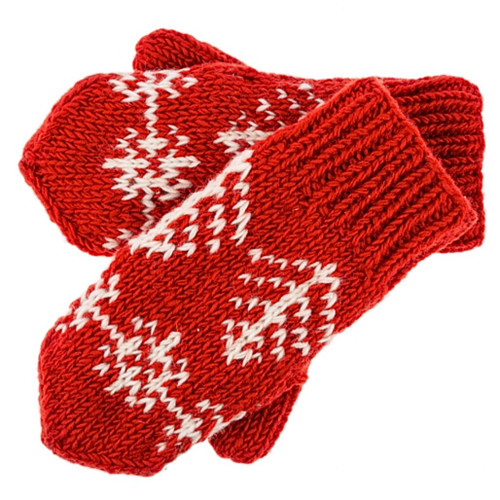 Cozy Red Knit Mittens with Snowflake Design