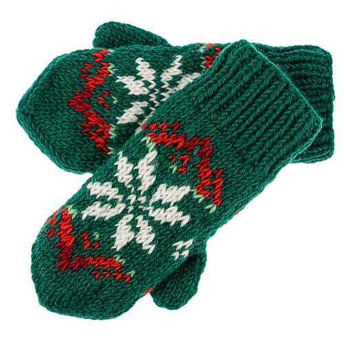 Cozy Green Knit Mittens with Snowflake Design