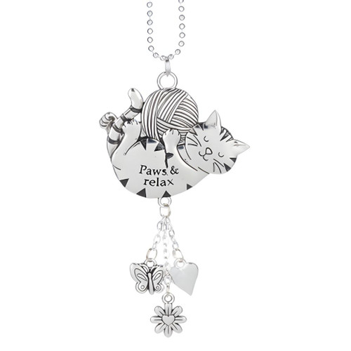 Silver Car Charm - Paws & Relax Cat with Butterfly Charms