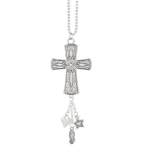 Silver Car Charm - Elegant Cross with Heart and Star Charms