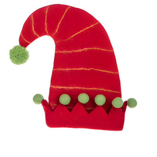 Wool Elf Hat - Red with Pom Pom Trim