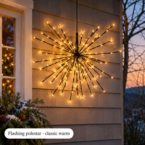 160 LED Classic Warm Lights Flashing Polestar - warm LED lights on a decorated Christmas tree with a close-up of the bulbs