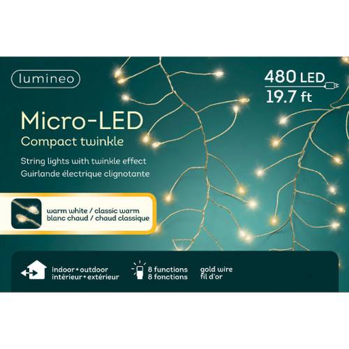 480 Micro-LED Warm White and Classic Warm Compact Twinkle Lights Gold Wire