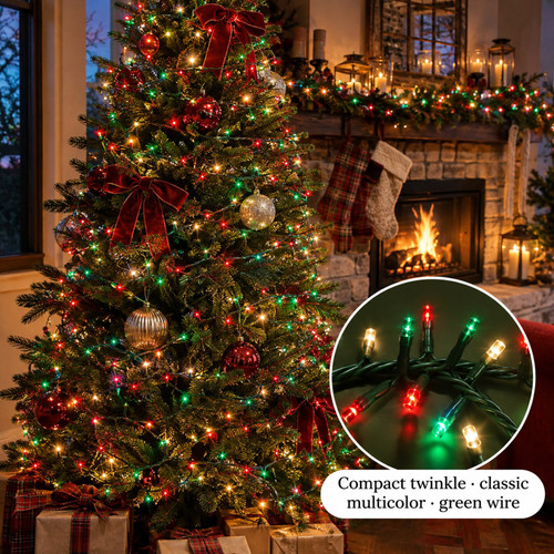 Lumineo 1,000 LED Classic Multi Color Compact Twinkle Lights, Green Wire - warm white LED lights on a decorated Christmas tree with a close-up of the bulbs