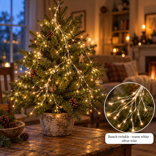 Lumineo Durawise 160 Warm White Bunch Micro-LED Twinkle Lights - warm white LED lights on a decorated Christmas tree with a close-up of the bulbs