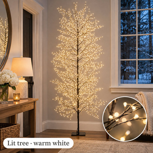 Lumineo 1,755 LED Warm White Lit 70" Tree - warm LED lights on a decorated Christmas tree with a close-up of the bulbs