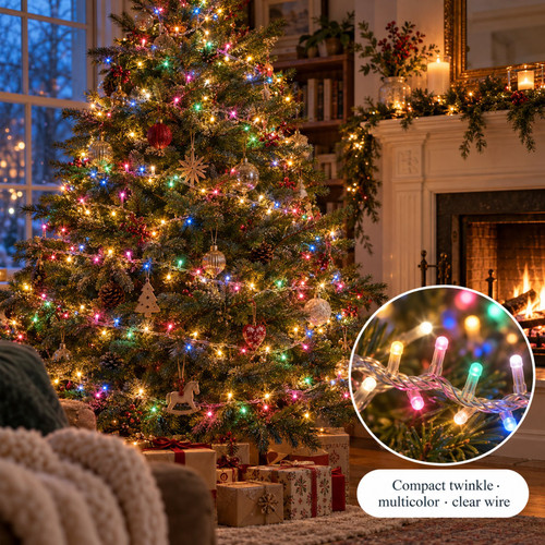 Lumineo 1,000 LED Soft Glow Multi Color Compact Twinkle Lights Transparent Wire - warm white LED lights on a decorated Christmas tree with a close-up of the bulbs