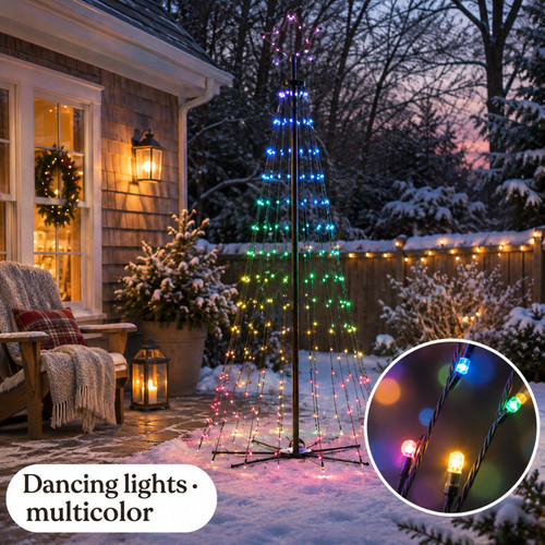 Lumineo 6 Foot 265 LED Dancing Lights Tree Black Wire With Remote Control - warm LED lights on a decorated Christmas tree with a close-up of the bulbs