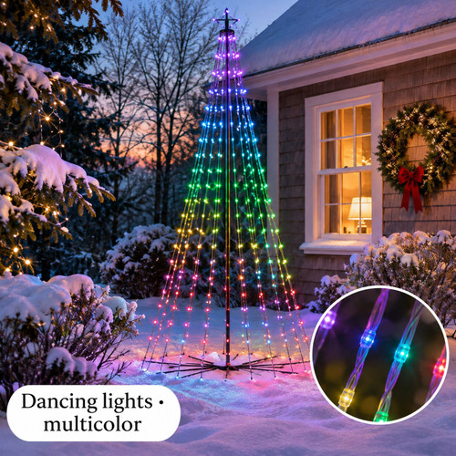 Lumineo 7 Foot 335 LED Dancing Lights Tree Black Wire With Remote Control - warm LED lights on a decorated Christmas tree with a close-up of the bulbs