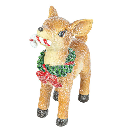 Christmas Fawn Figurine with Wreath and Candy Cane