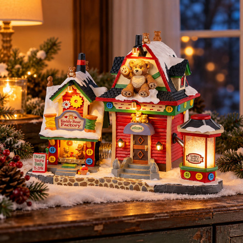 Lemax Teddy Bear Factory – collectible Christmas village piece displayed in a cosy home